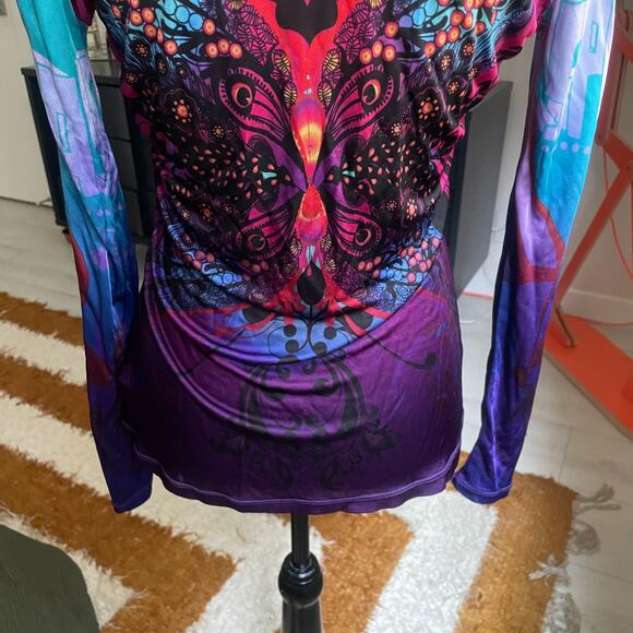 Custo Barcelona Long Sleeve Shirt Women's Size 8 Abstract Heart Artsy Butterfly - Picture 8 of 11